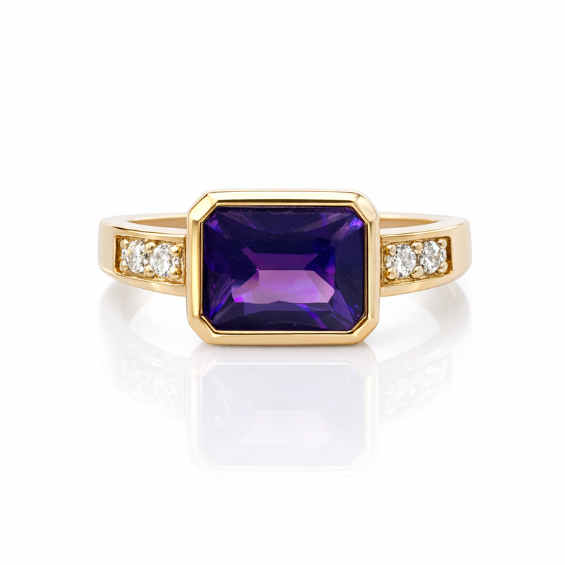 Amethyst And Diamond Ring | 14K Yellow Gold