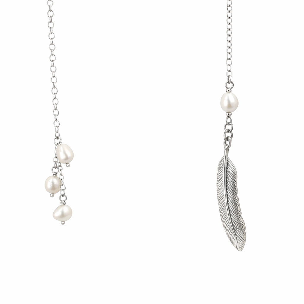 Lariat With Pearls And Feather In Silver