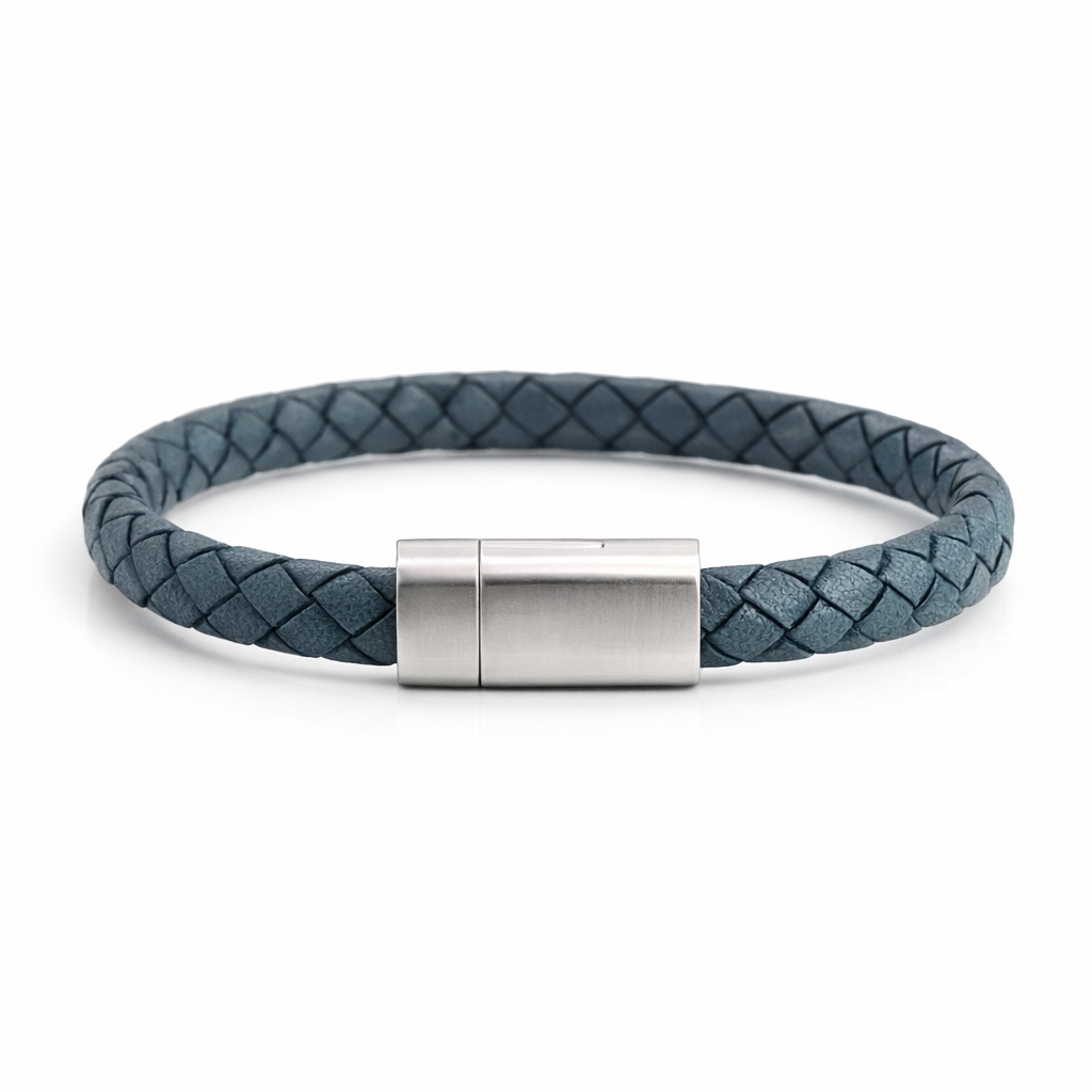 Men's Blue Leather Bracelet with Steel Clasp