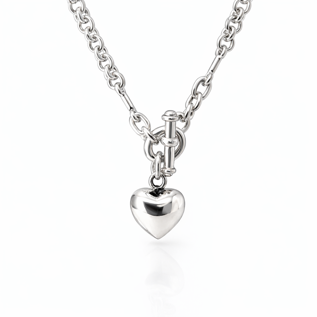 Silver Double Link Chain With Heart Pendant