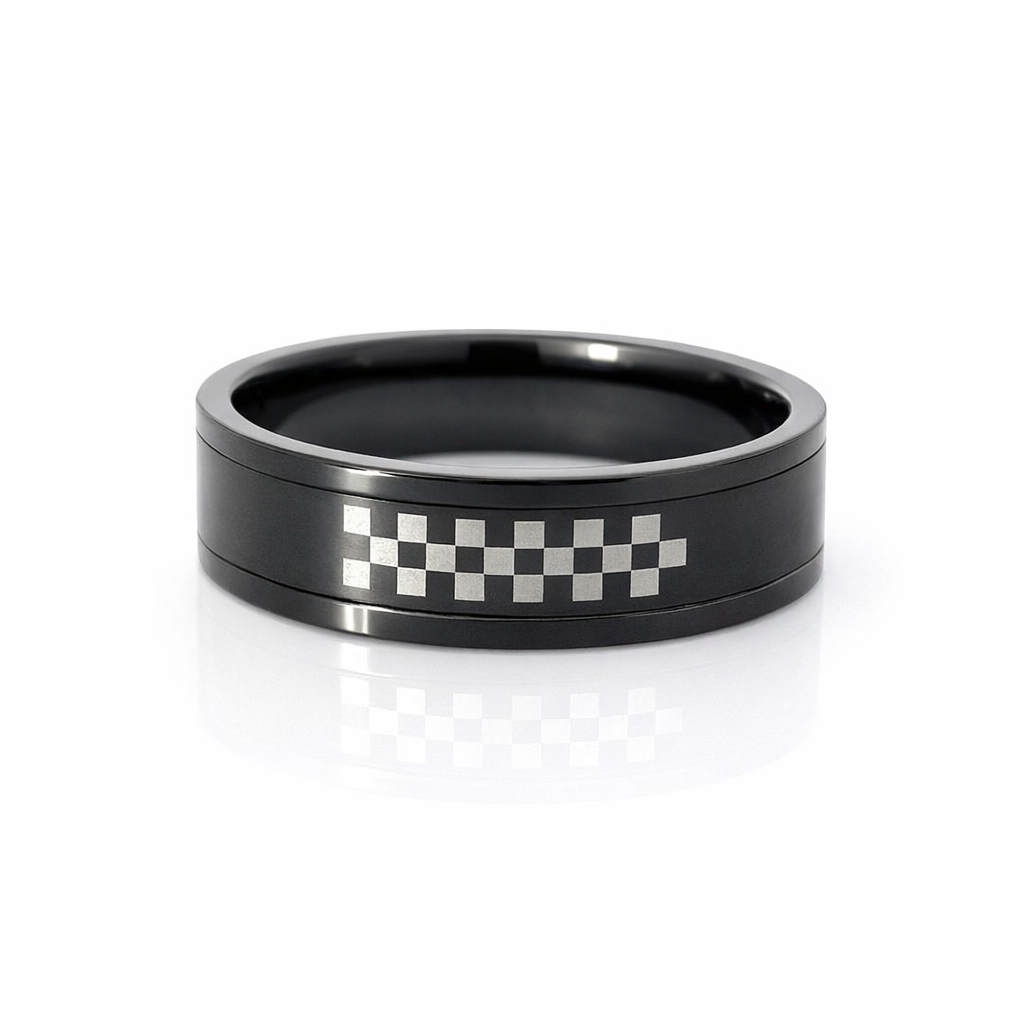 Black Steel Ring with Checkers