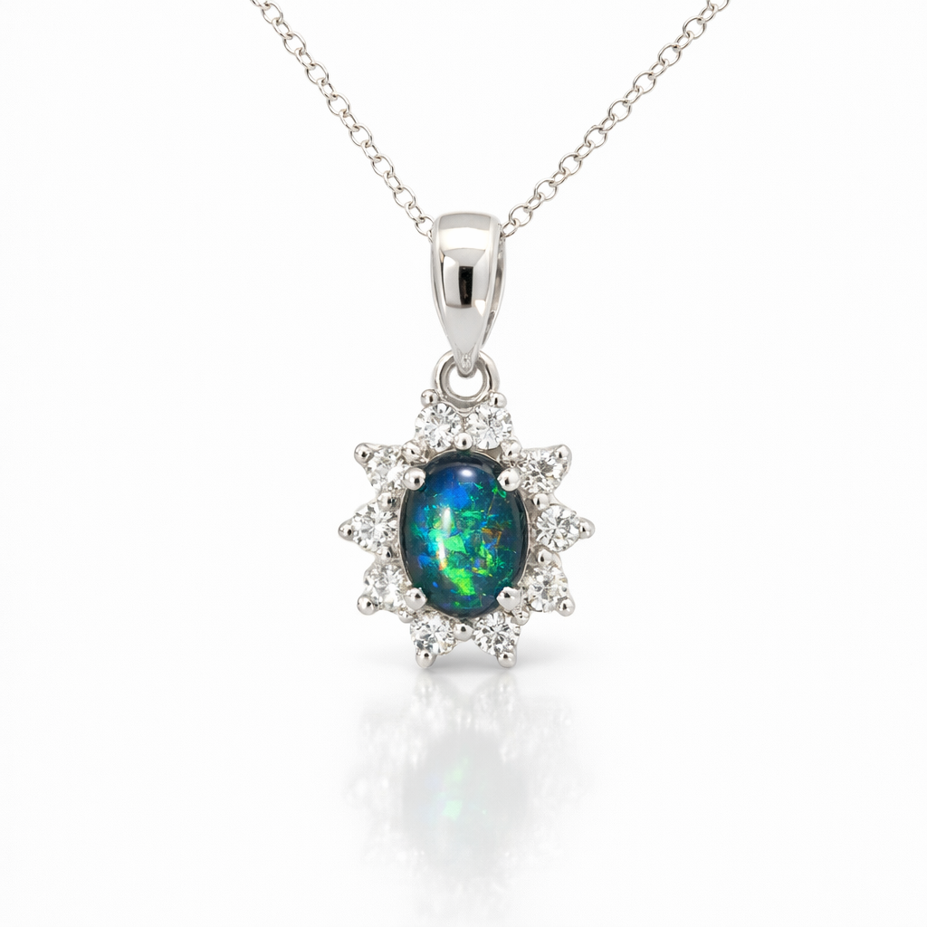 Gleaming Enchantment: Radiant Green Opal Pendant with Sparkling Diamond Halo
