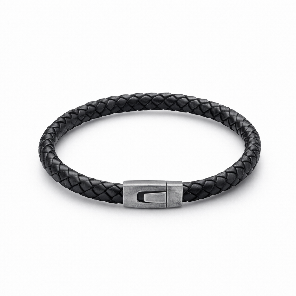 Men's Braided Leather Bracelet With Steel Clasp