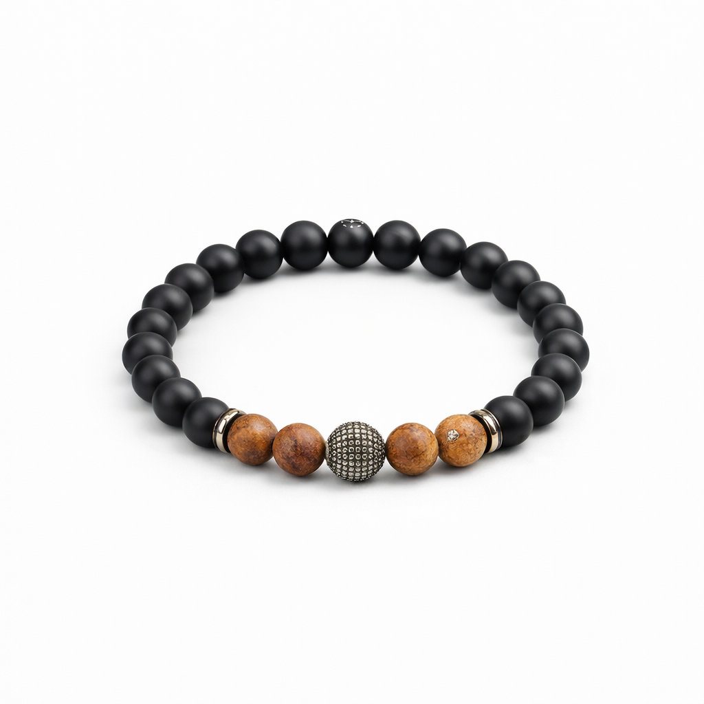 Black Agate With Earth Stones And Antique Steel Ball.