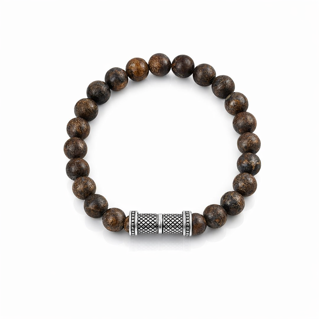 Bronzite Stone Bead Bracelet &amp; Stainless Steel Decorative Bead