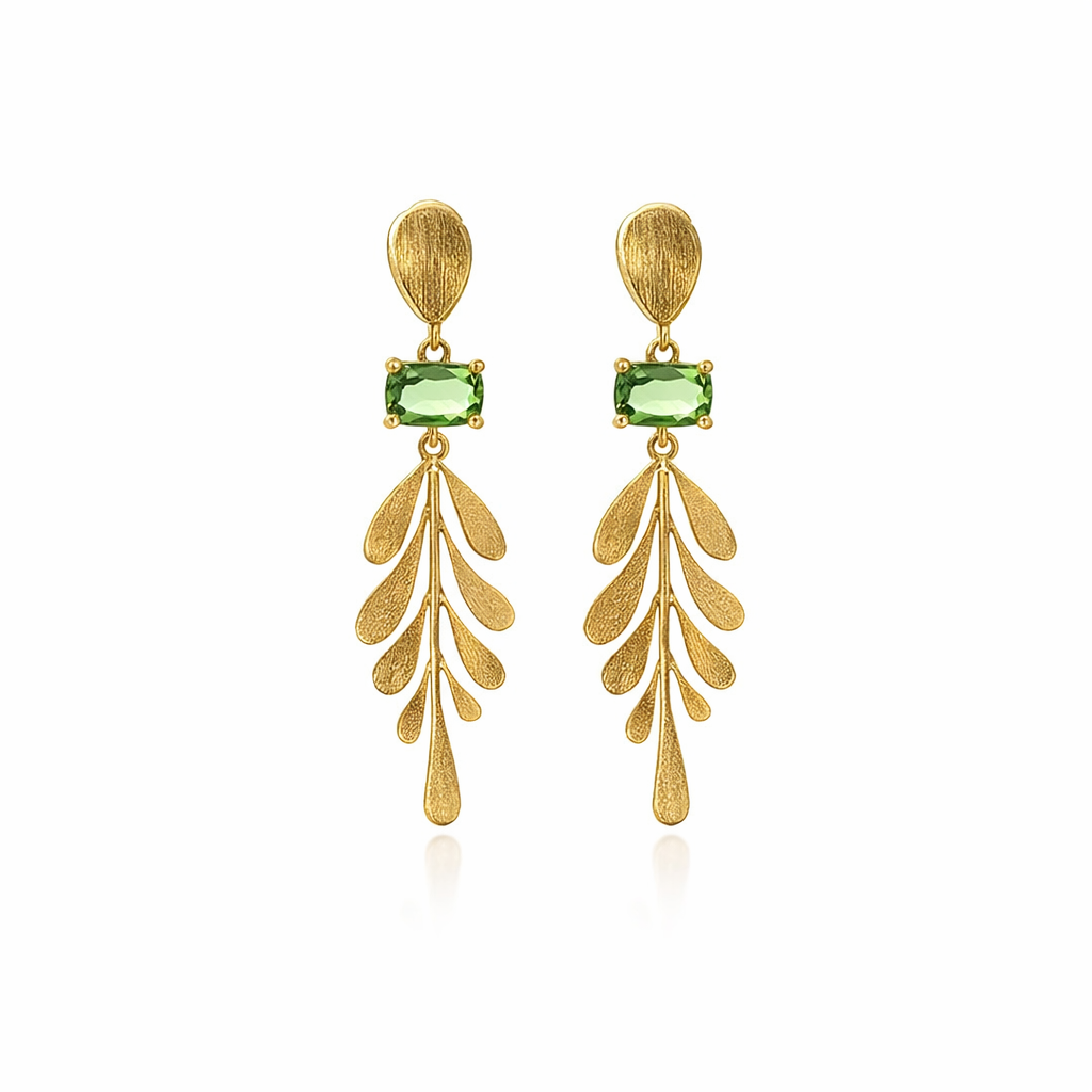 Gold Plated Brass Leaf Shaped Drop Earrings With Peridot