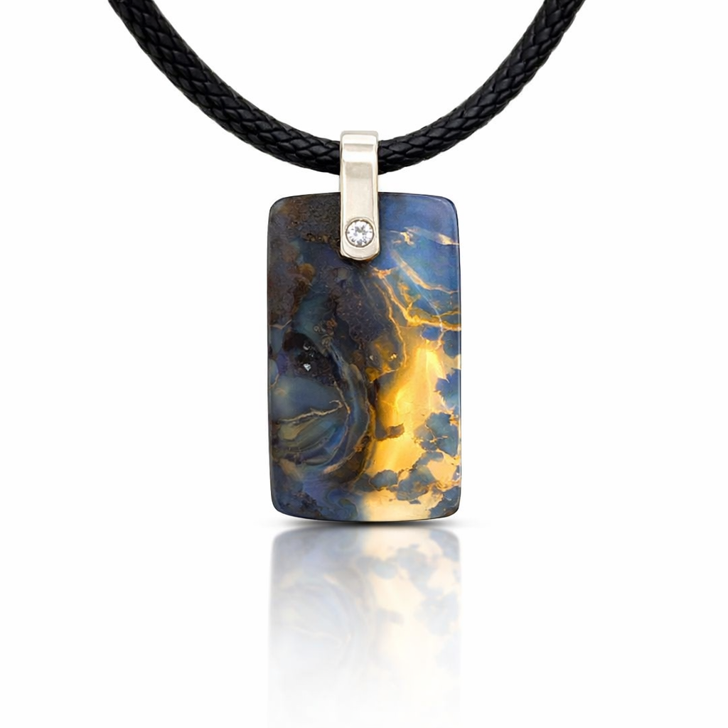 Boulder Opal Pendant W/ Silver on Leather