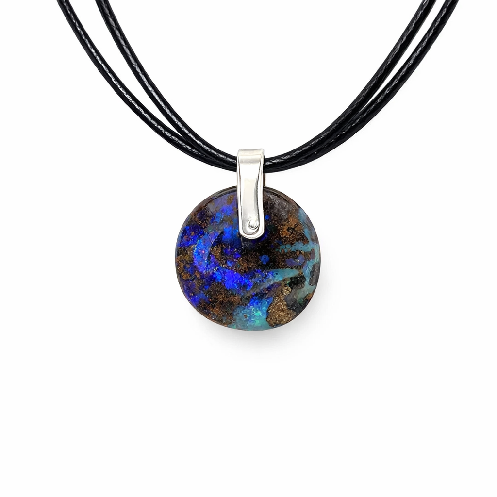 Boulder Opal Pendant W/Silver on Leather