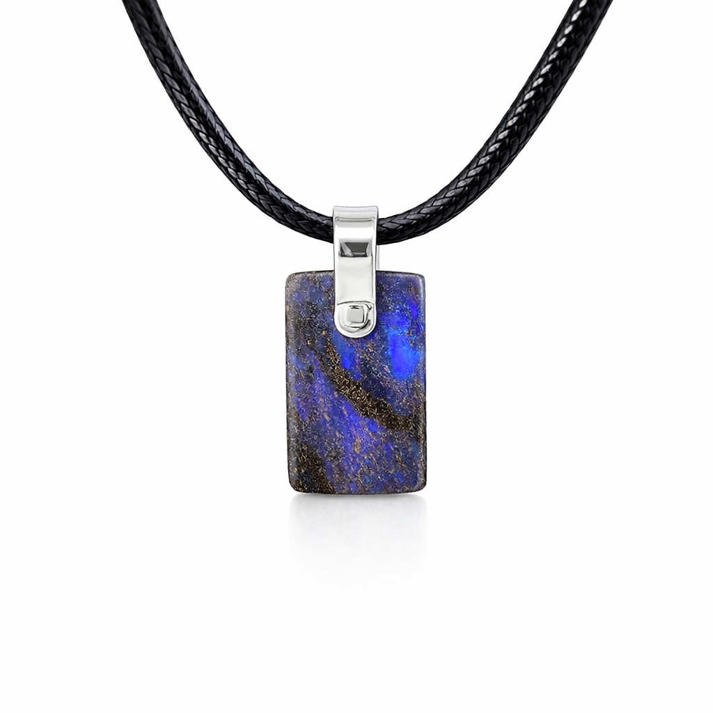 Boulder Opal Pendant W/ Silver on Leather