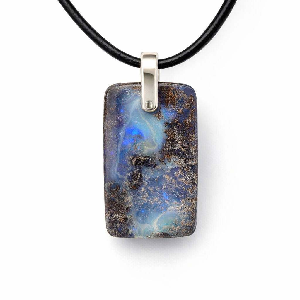 Boulder Opal Pendant W/ Silver on Leather