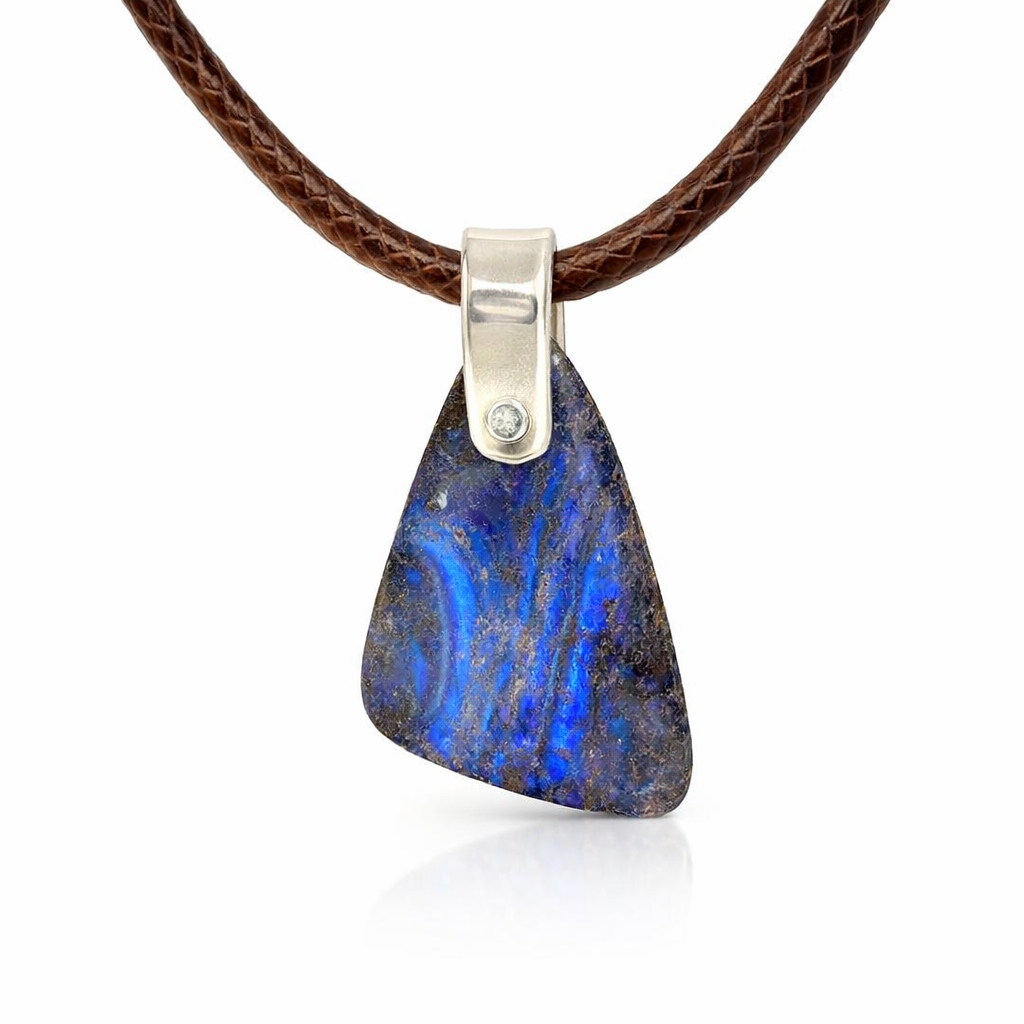 Silver Boulder Opal Pendant on Brown Leather
