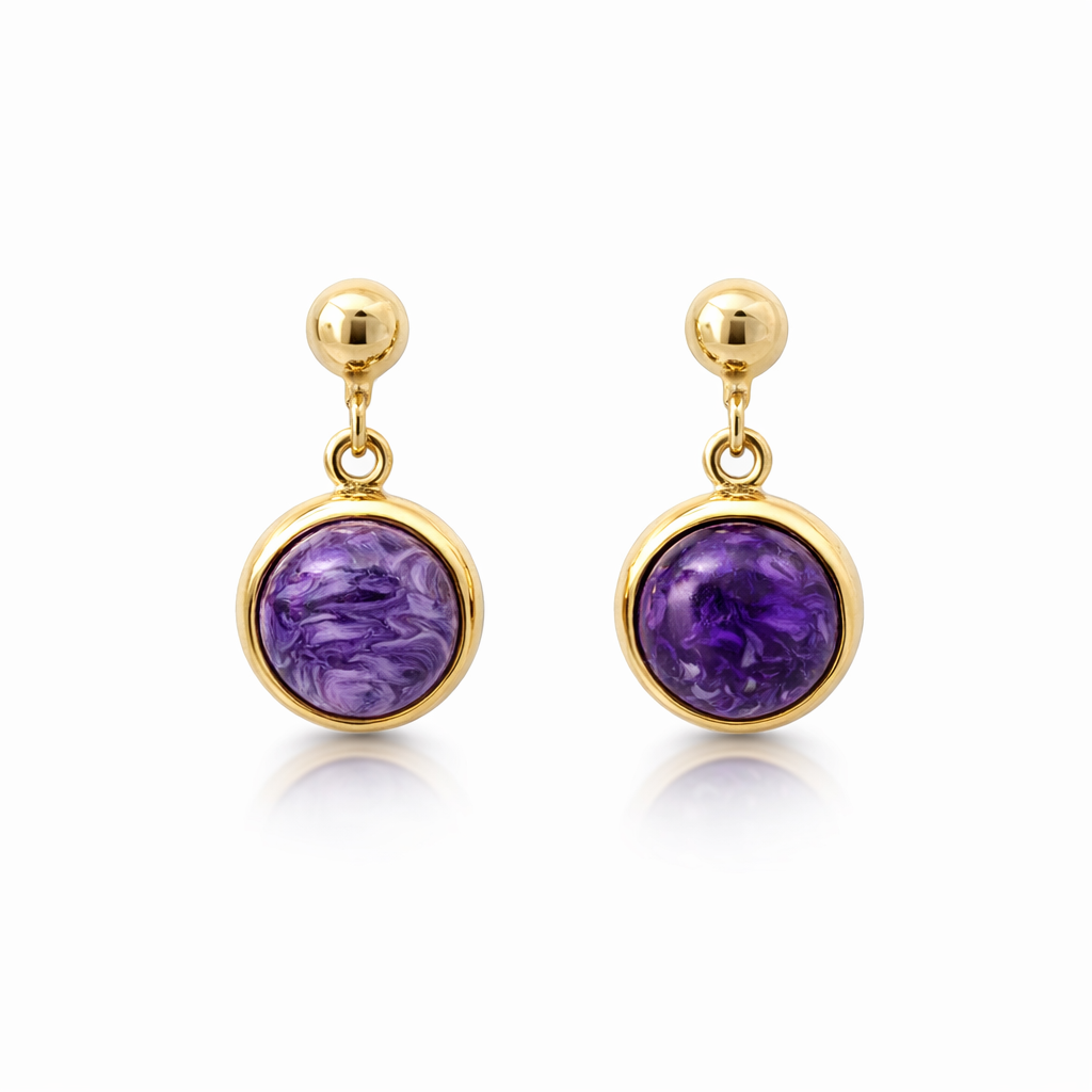Charoite Stone Drop Earrings In Yellow Gold