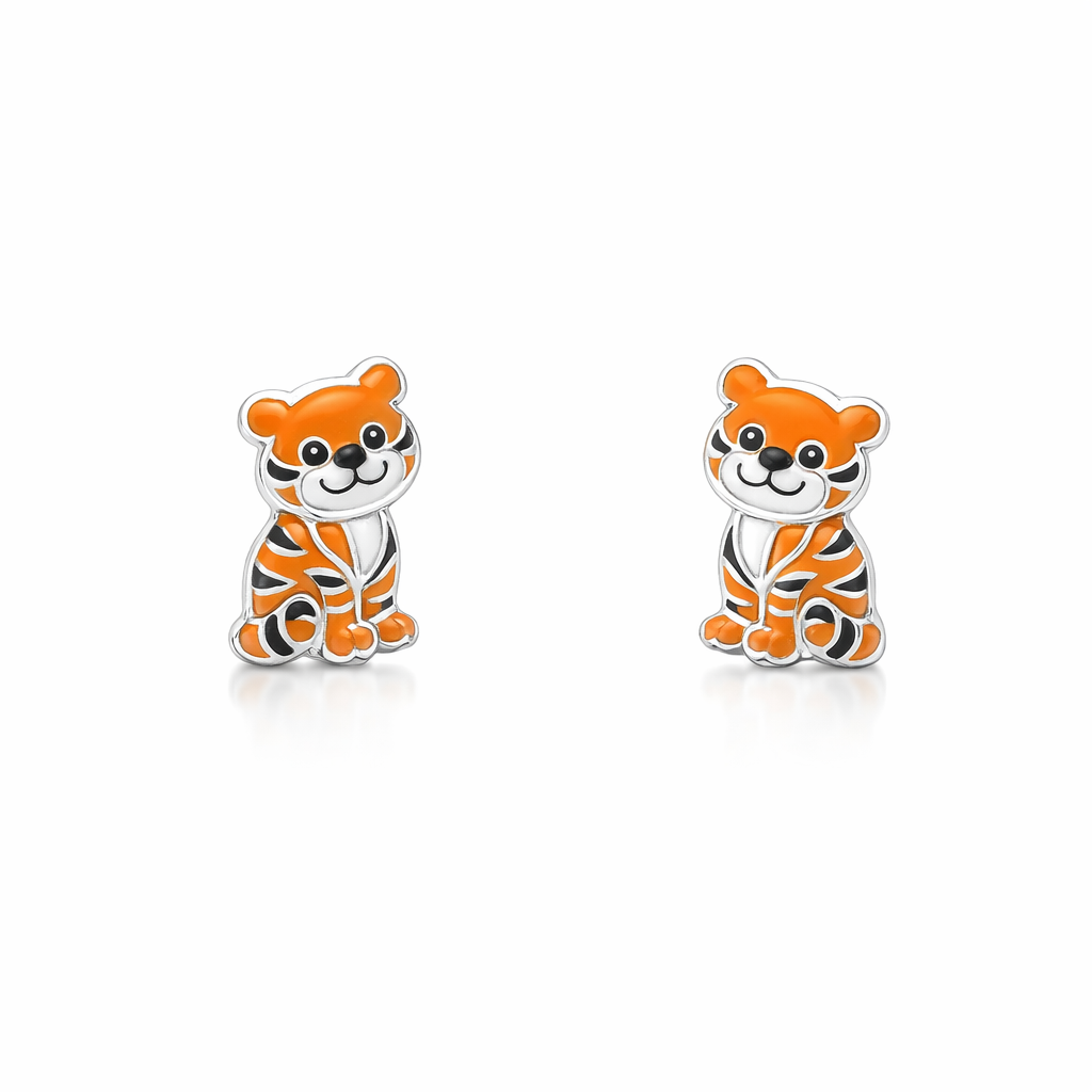 Children Silver Enamel Tiger Stud Earrings