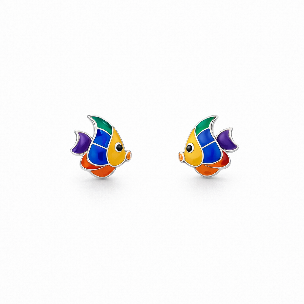 Children Silver Rainbow Enamel Fish Stud Earrings