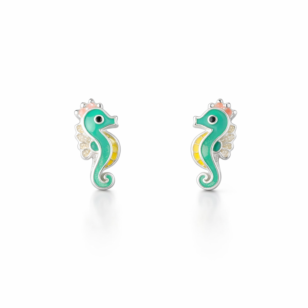 Children Sterling Silver Enamel Seahorse Stud Earrings