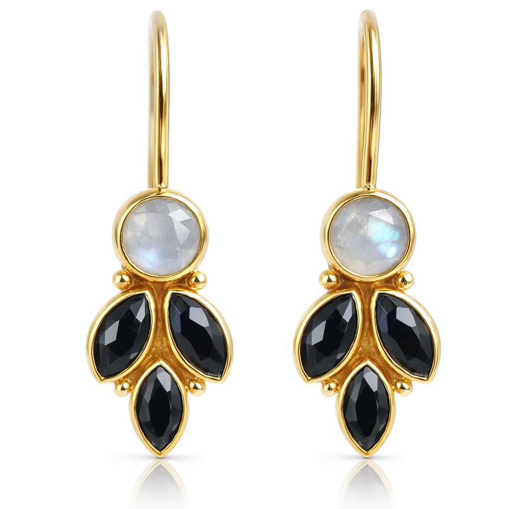 Moonstone And Smokey Quartz Earrings | Gold Plated Brass