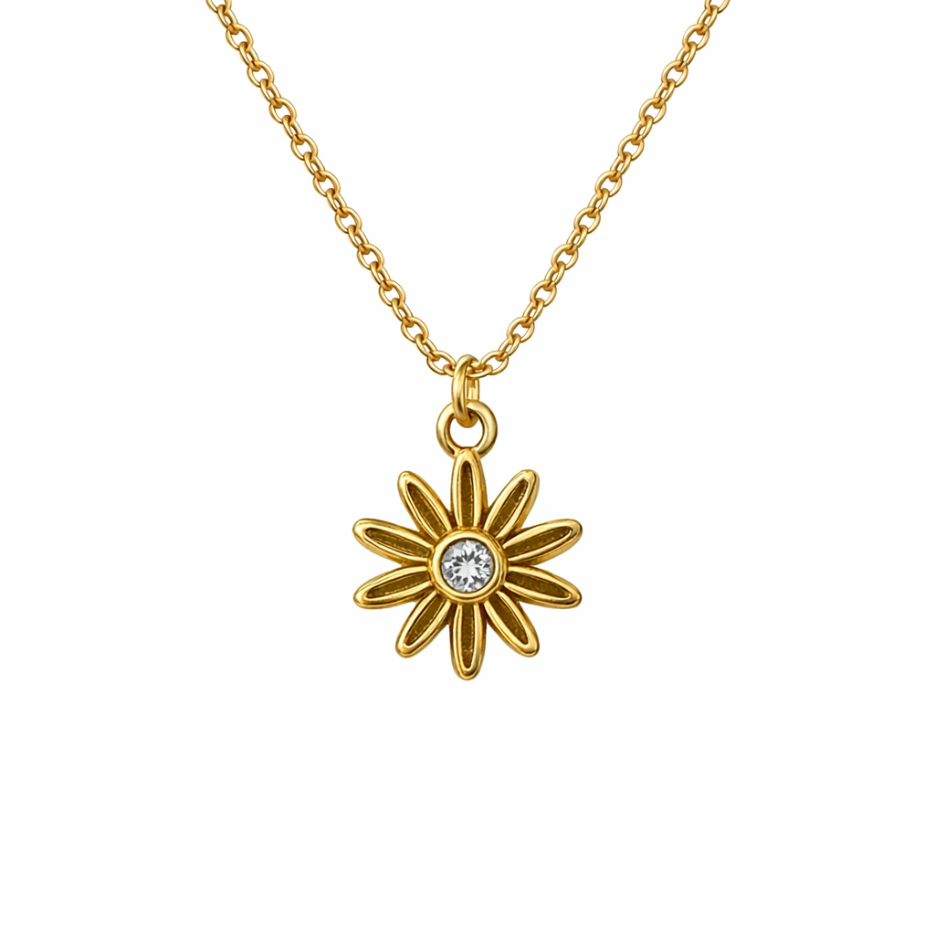 Gold Plated Brass Daisy Necklace With Small Gem