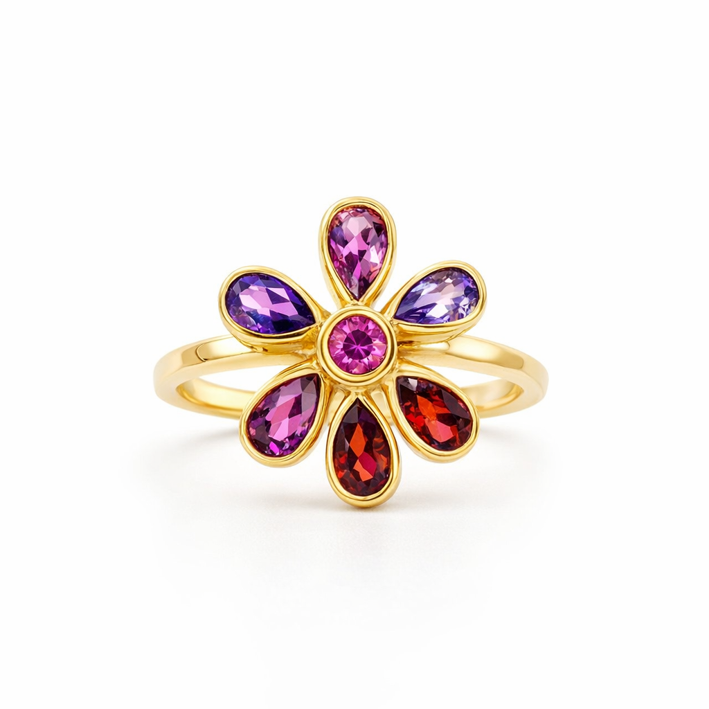 Flower Ring With Multi Coloured Gemstones | 18ct Gold