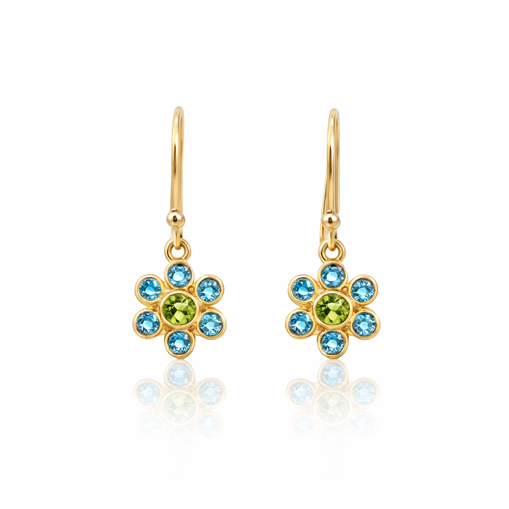 Blue Topaz And Peridot Earrings | 9K Gold