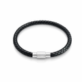Men's Black Leather Bracelet with Steel Clasp