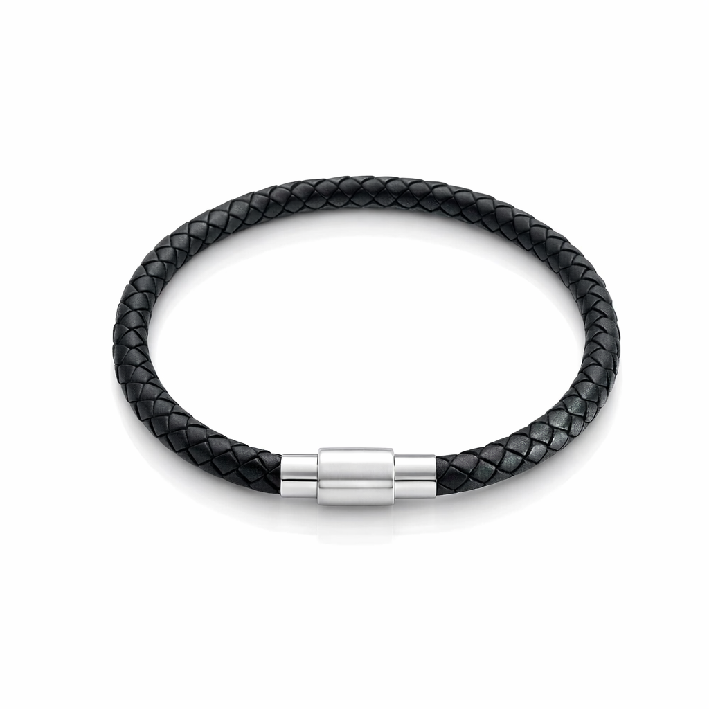 Men's Black Leather Bracelet with Steel Clasp