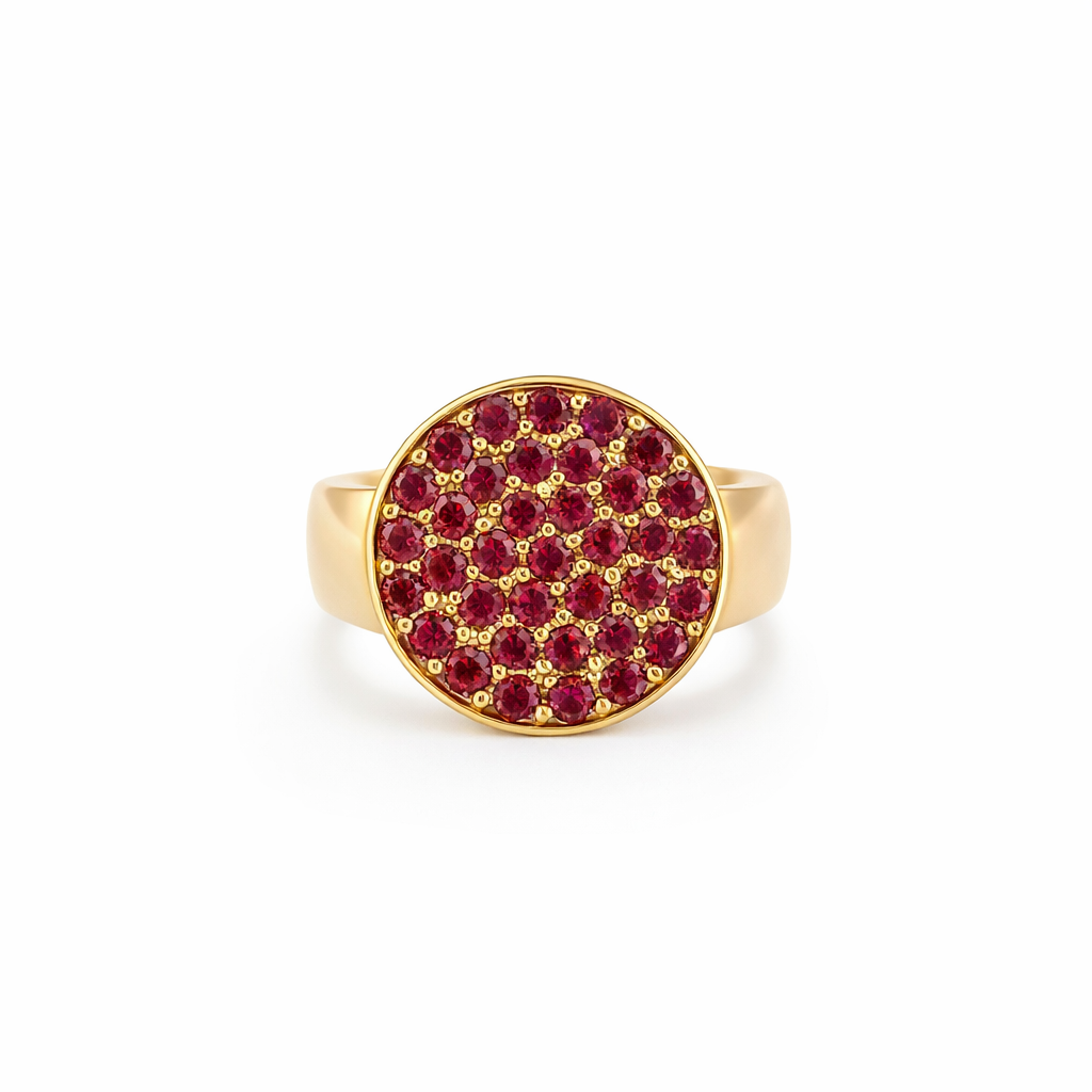 Gold Coin Ring Featuring Red Spinels