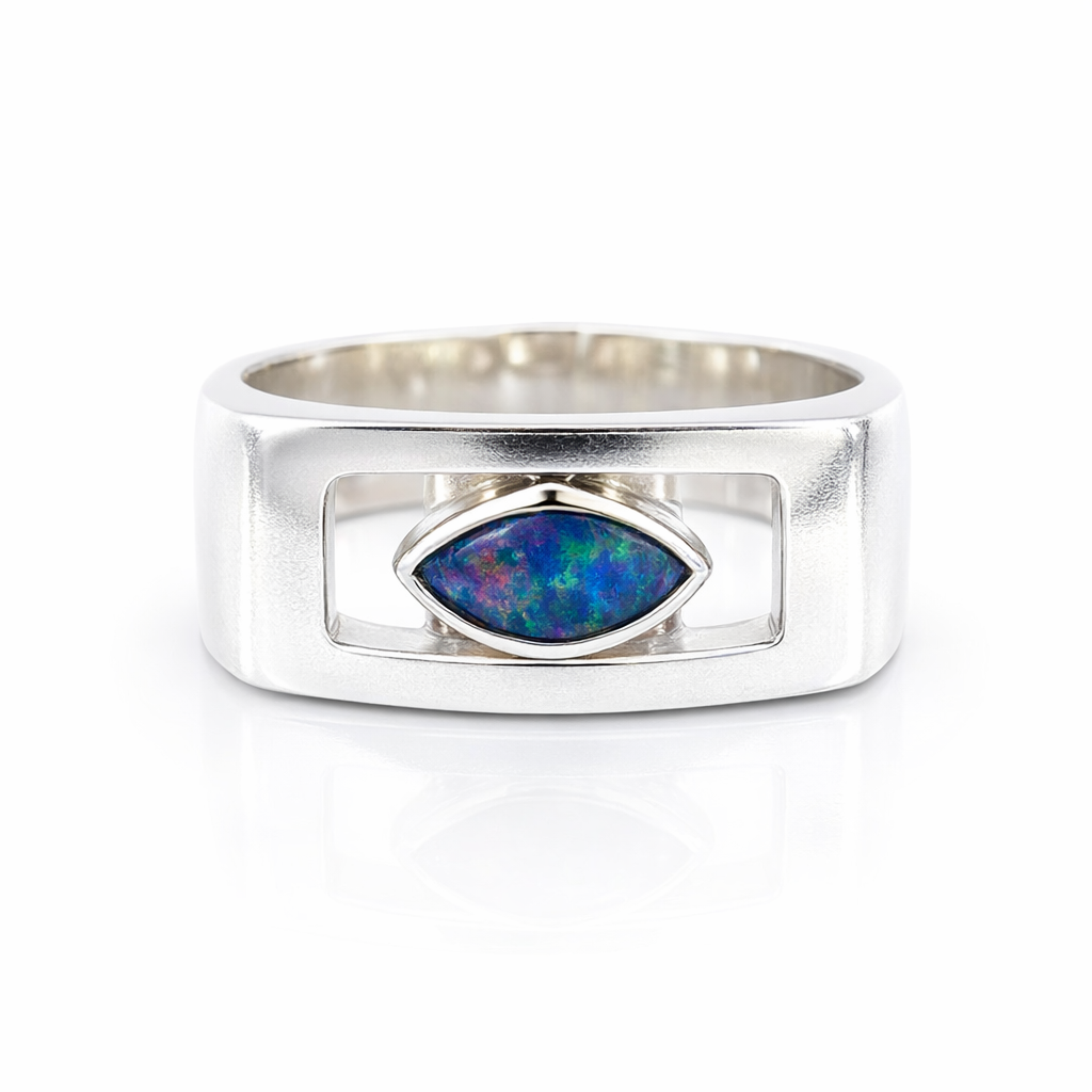 Marquise Opal In Squared Sterling Silver Ring
