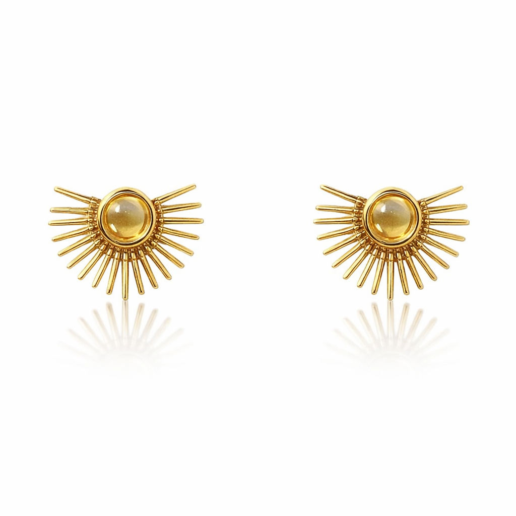 Earrings | Gold Plated Brass Sunburst Design With Stone
