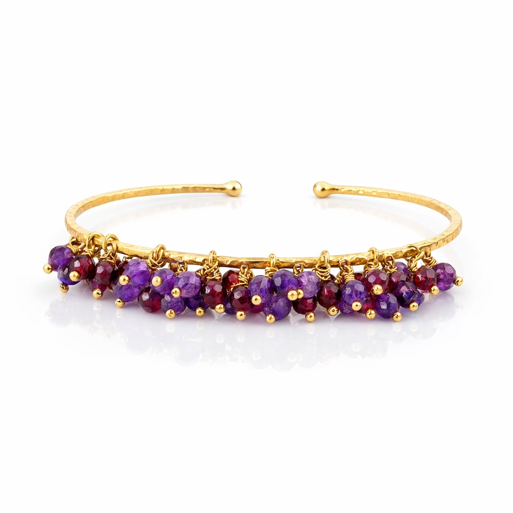 Cuff With A Tassel of Amethyst &amp; Garnet | Gold Plated Brass