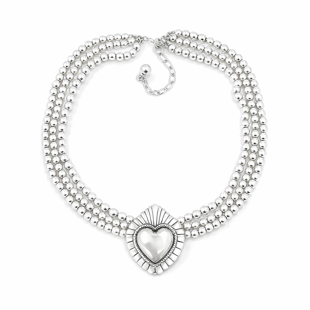 Silver Necklace Triple Bead Strand And Heart