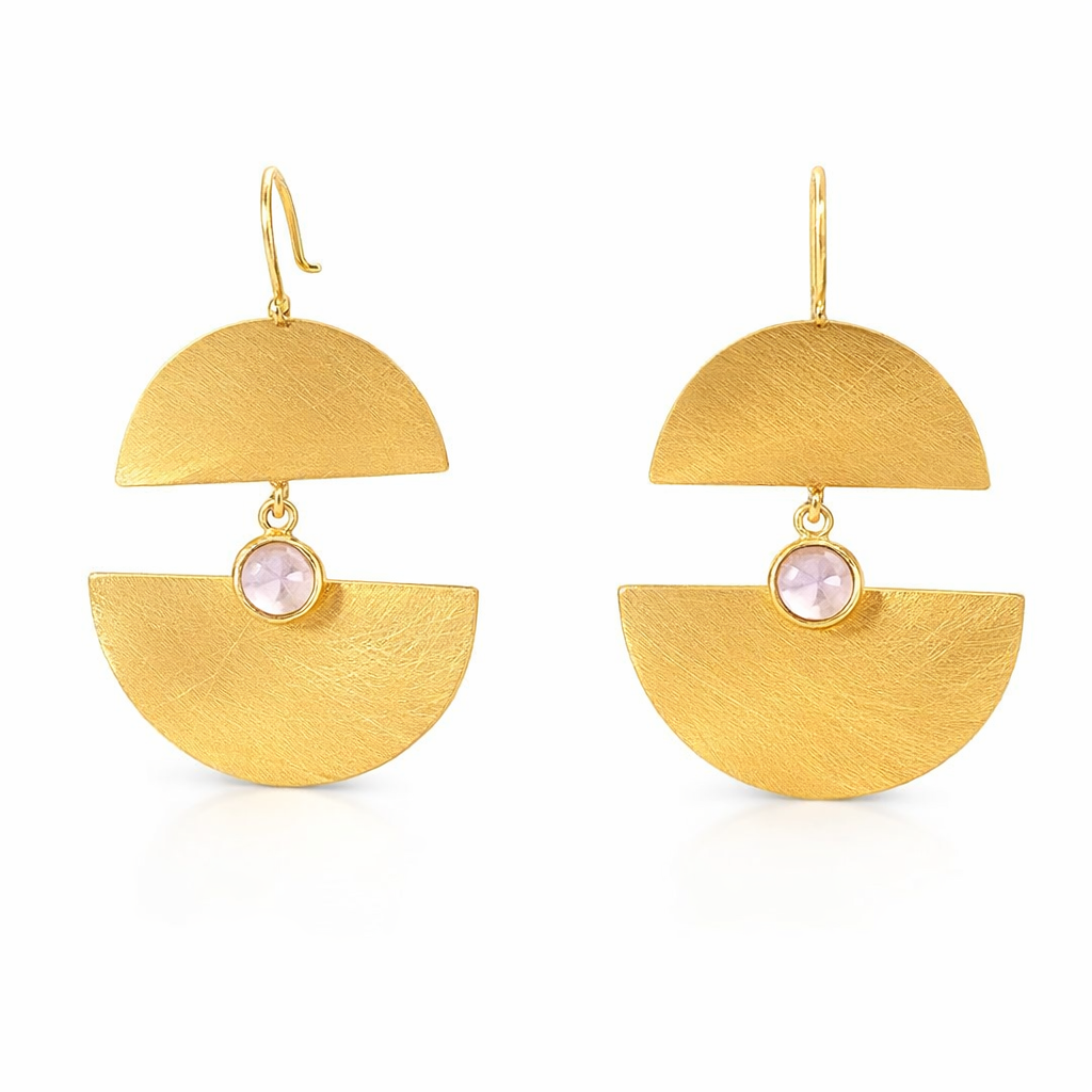 Earrings Tiered Moons &amp; Rose Quartz |Gold Plated Brass