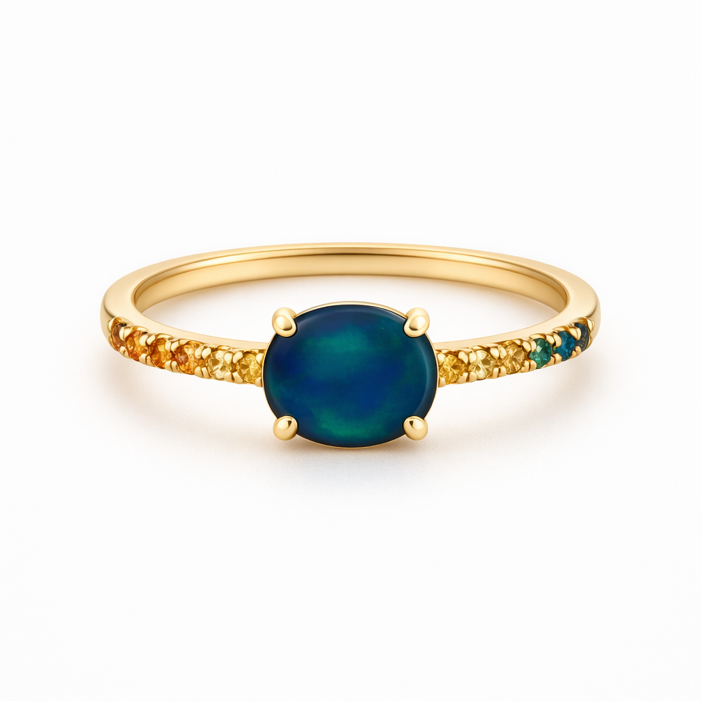 Lightning Ridge Solid Opal And Sapphire Ring | 14K