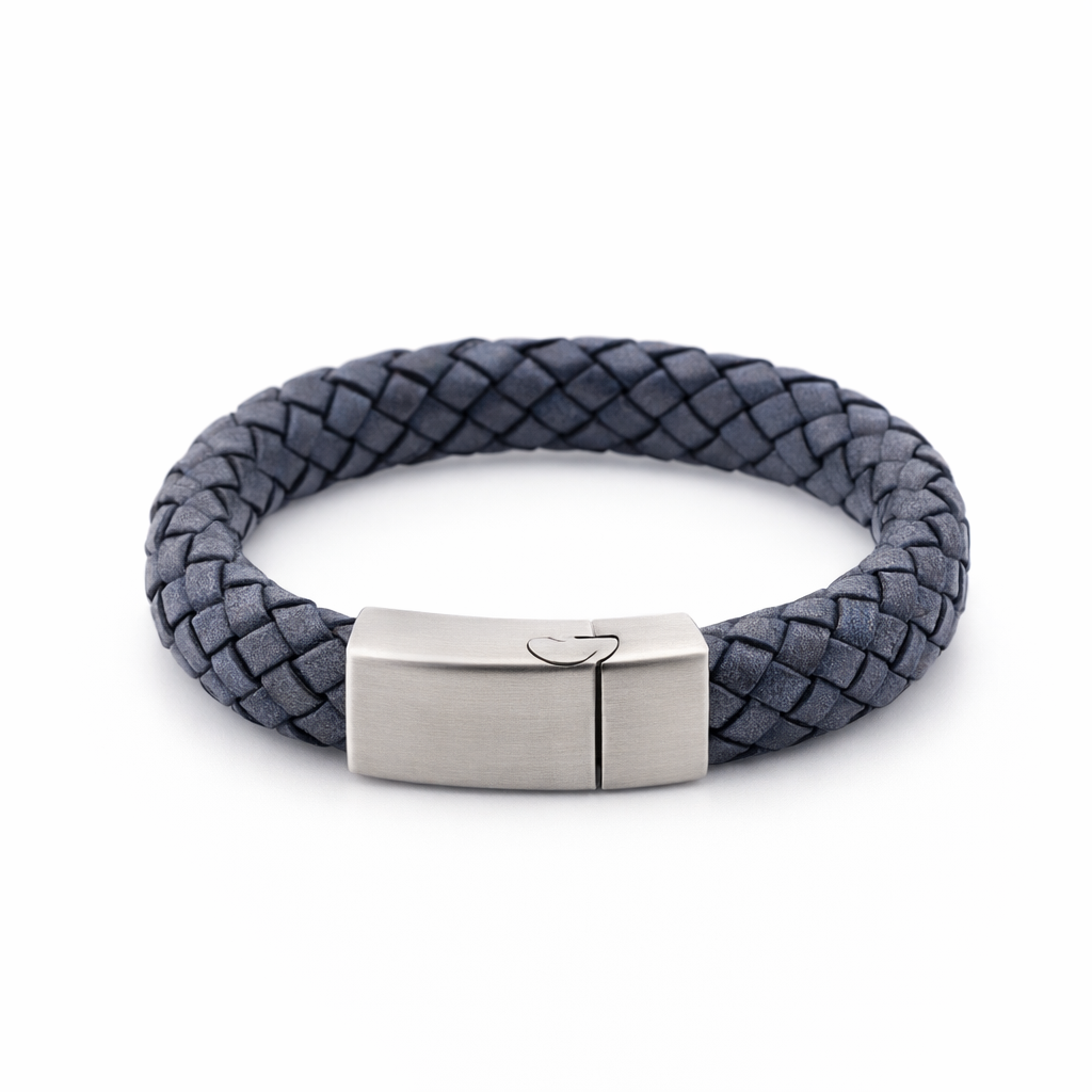 Grey Leather Mens Bracelet With Steel Clasp