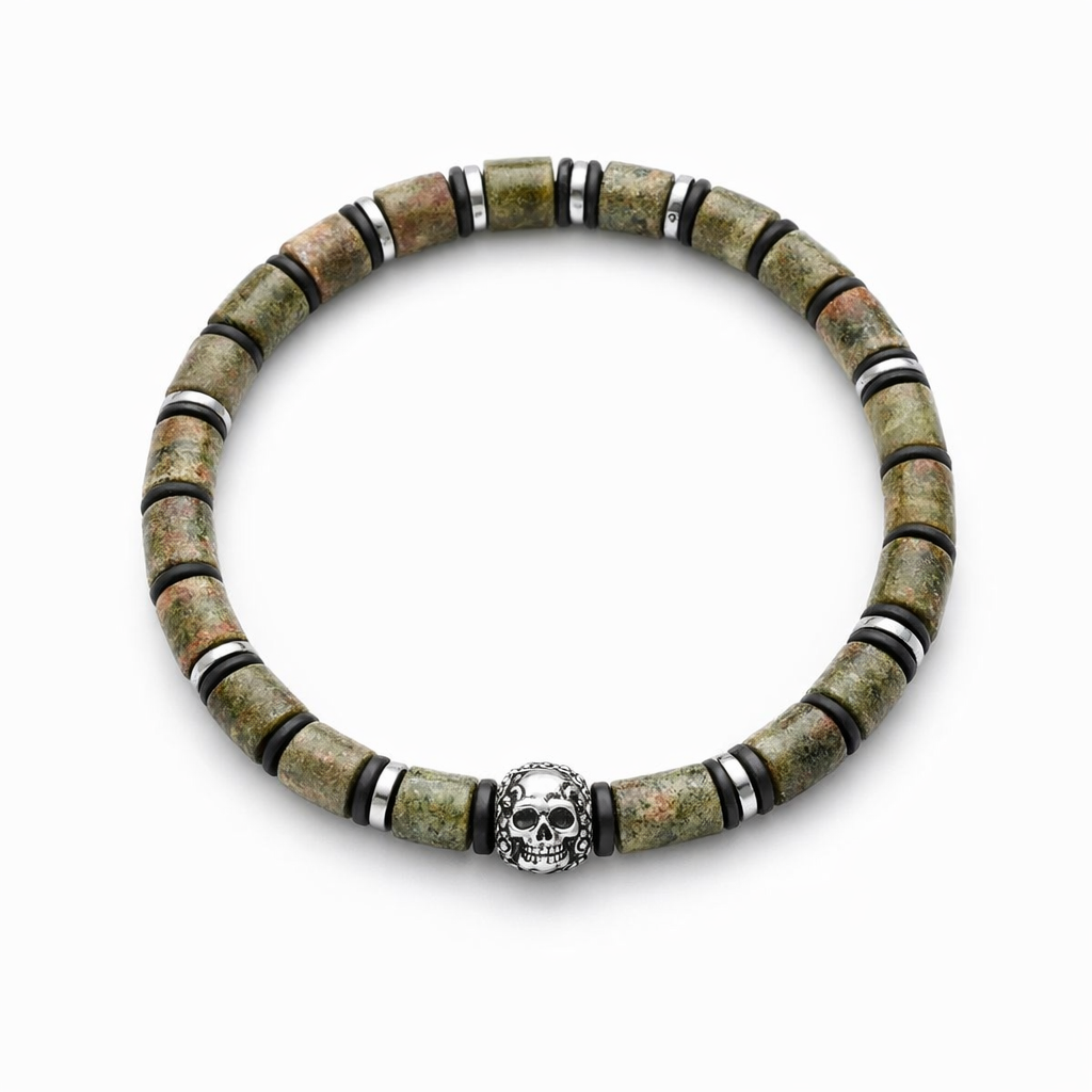 Epidote Stone Bracelet with Stainless Steel Skull Bead