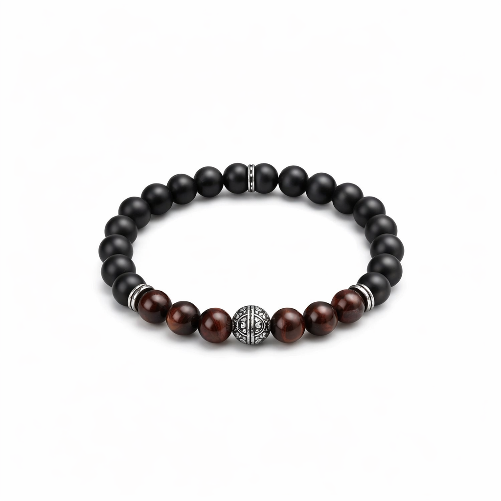 Red Tiger Eye &amp; Black Agate Bracelet with Stainless Steel Antique Bead