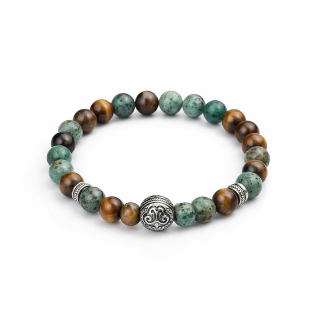 Tiger Eye &amp; African Turquoise Bracelet with Stainless Steel Antique Bead
