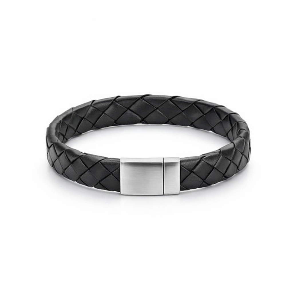 Black Leather Mens Bracelet With Stainless Steel Clasp