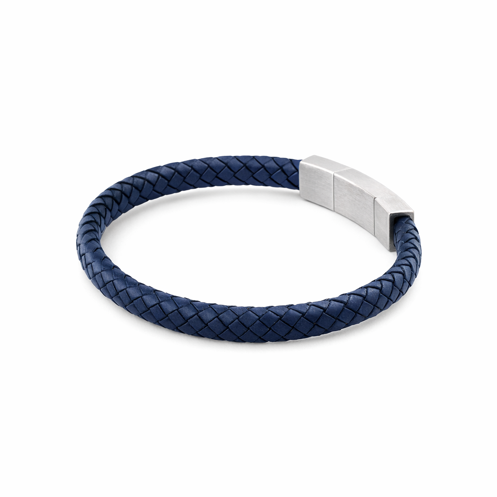 Navy Leather Mens Bracelet Thin With Stainless Steel Clasp