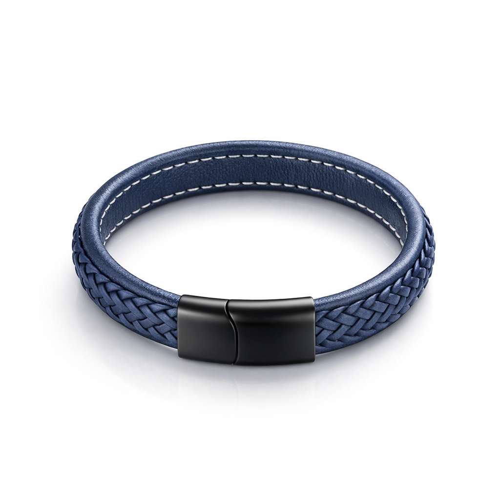 Thick Navy Leather Bracelet With Stainless Steel Clasp