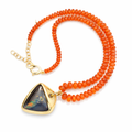 Gold Plated Opal Necklace | Queensland Boulder Opal Pendant &amp; Mexican Fire Opal Beads