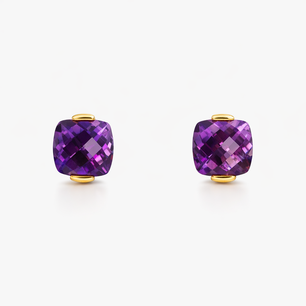 Amethyst Stud Earrings| 14ct Yellow Gold