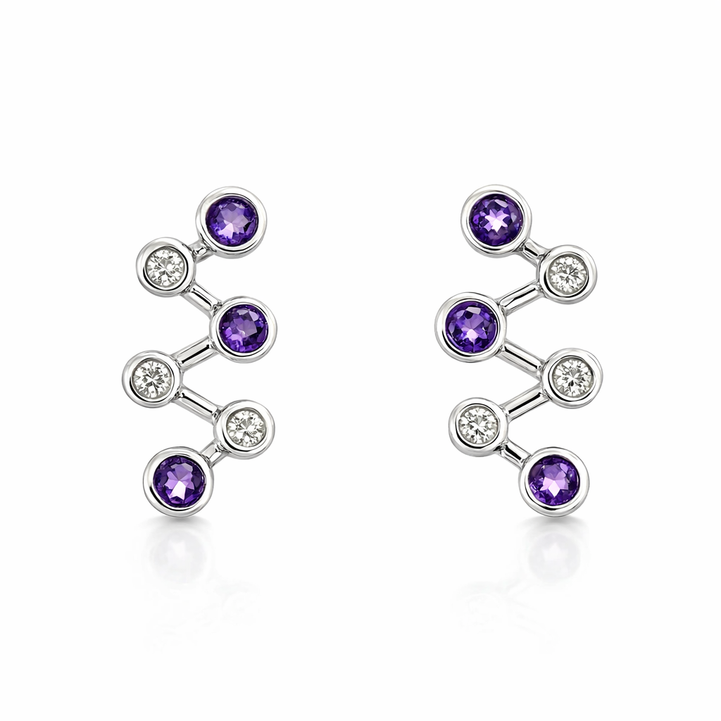 Amethyst And Diamond Stud Earrings In Zigzag Design | 14ct