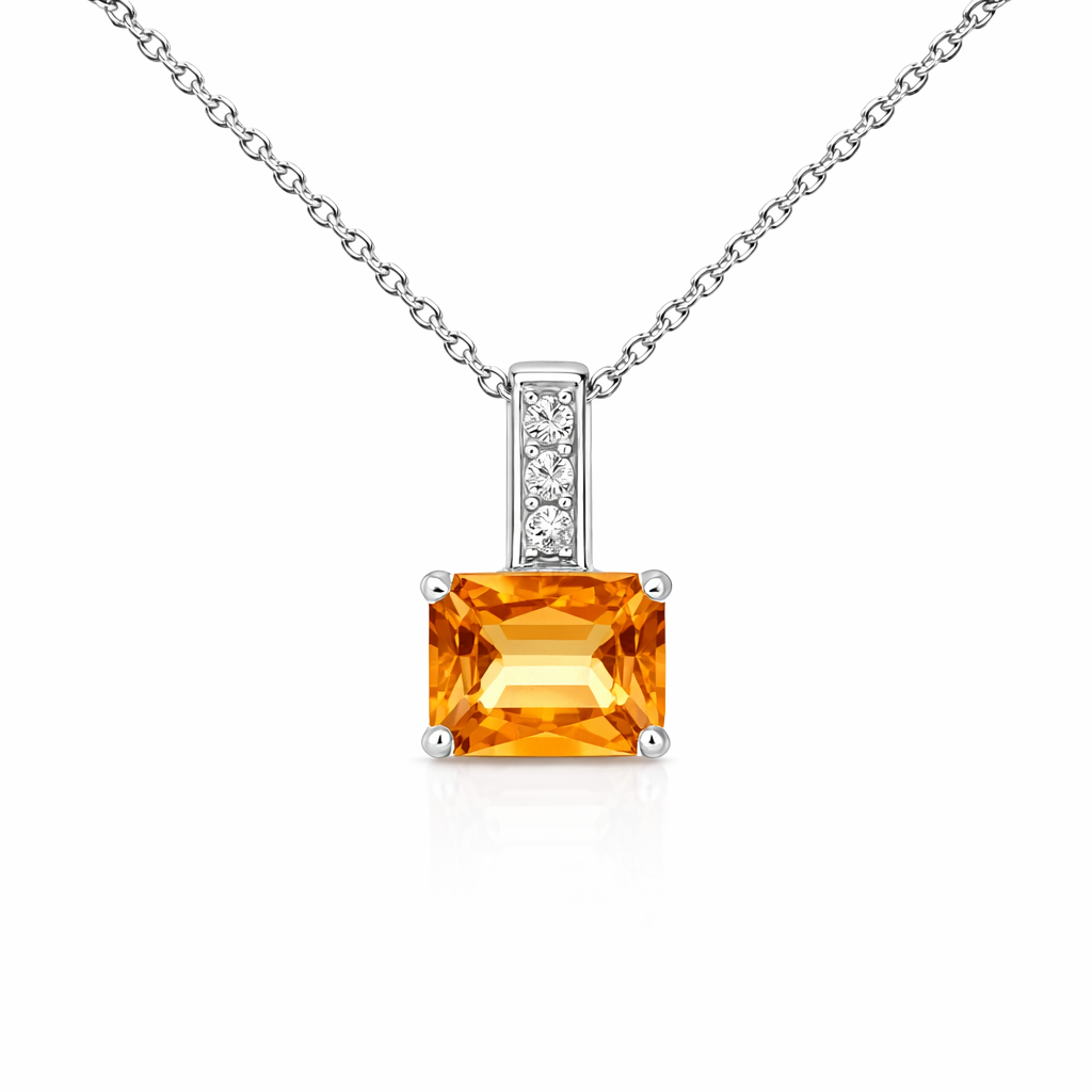 Citrine And Diamond Pendant In 14K White Gold