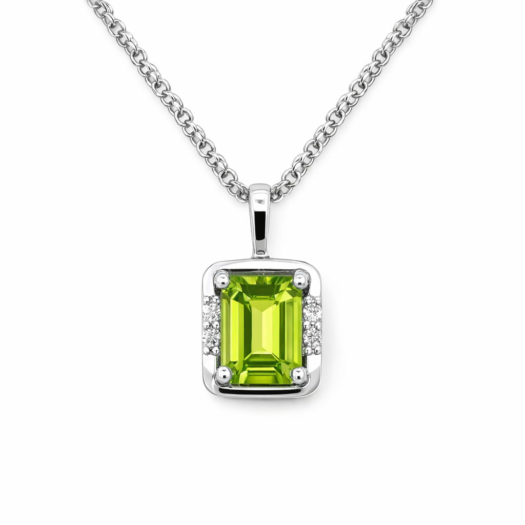 Peridot And Diamond Pendant In 14K White Gold
