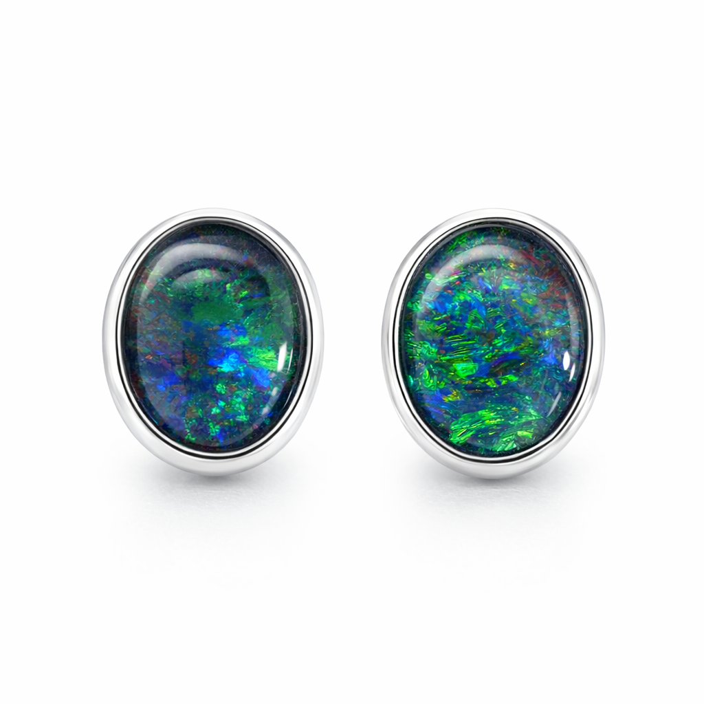 Triplet Opal Stud Earrings In Sterling Silver