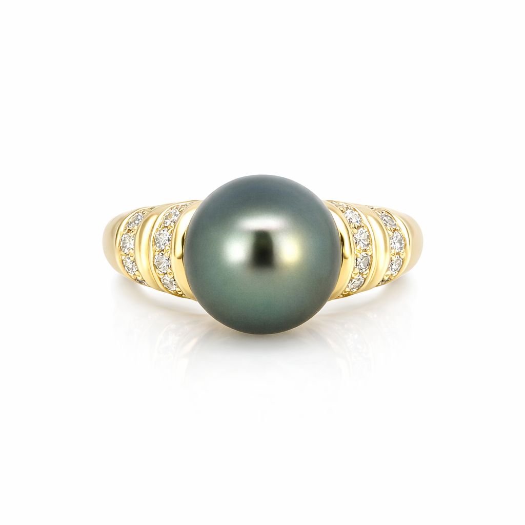 Tahitian Pearl &amp; Diamond Ring In 14ct Yellow Gold