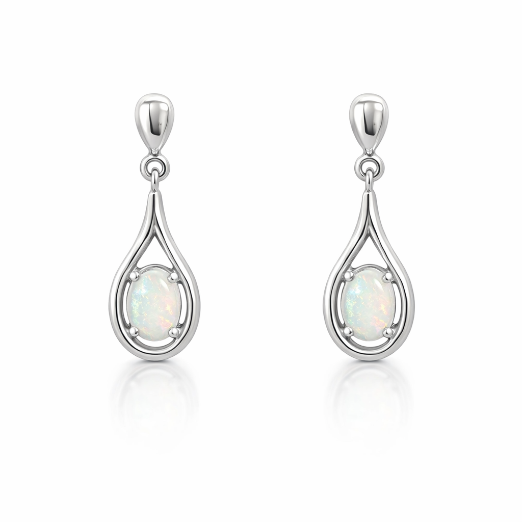 Solid Crystal Opal Stud Earrings In 14K White Gold