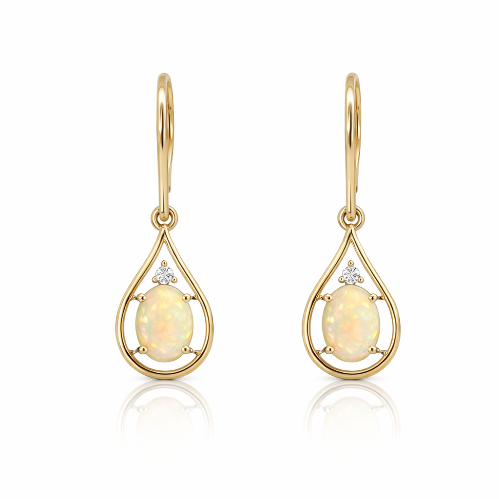 Solid Crystal Opal And Diamond Earrings In 14K Yellow Gold