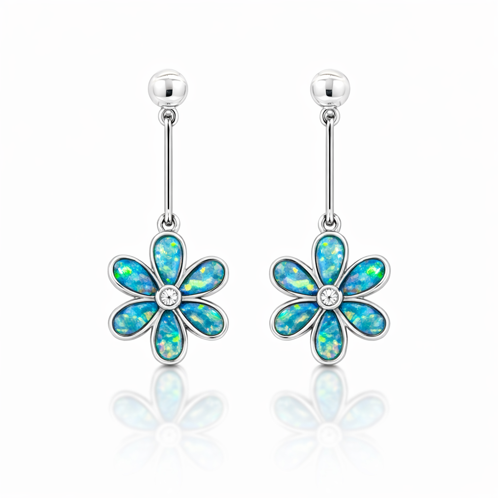 Opal Flower Earrings With Cubic Zirconia
