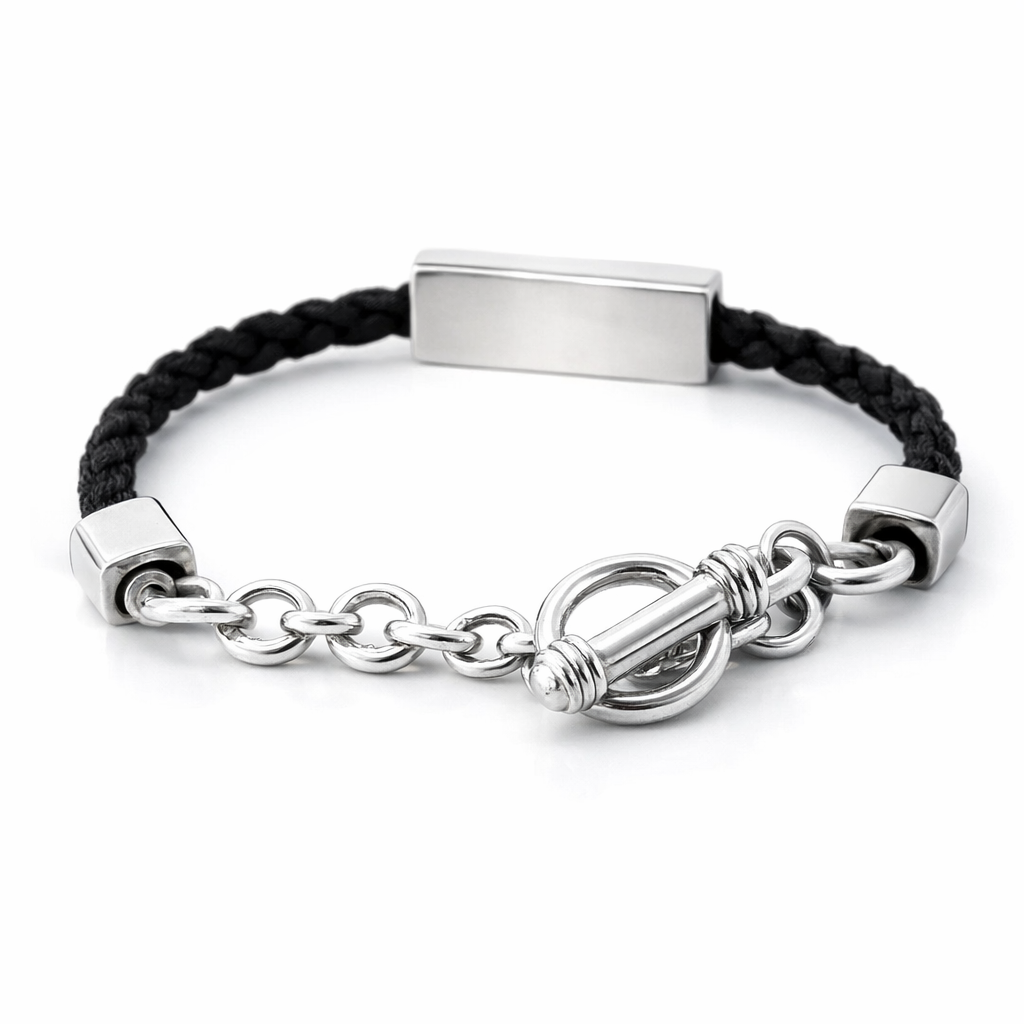 Silver Bar On Black Cord Bracelet